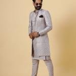 Handmade Lilac Geometrical Sequin Embroidered Open Sherwani with Kurta-Pajama Set | Father Son Combo | Jaipurio Collection